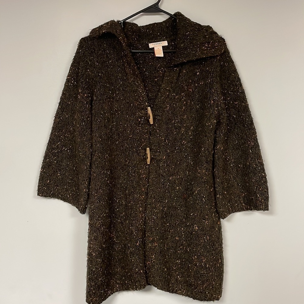Ponsesa Cardigan Women’s M Knit Toggle Boho Hippie Long  multi- color Brown, MED
